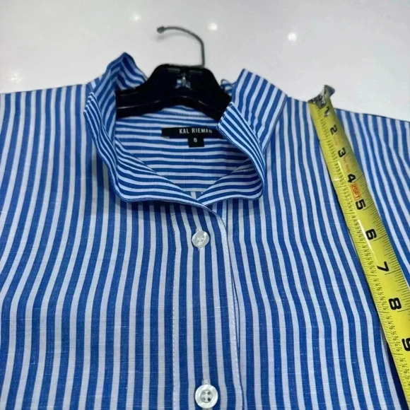 KARL RIEMAN Striped Button Front Pinpoint Oxford Shirt  Blue White Stripes Sz S - Picture 3 of 8